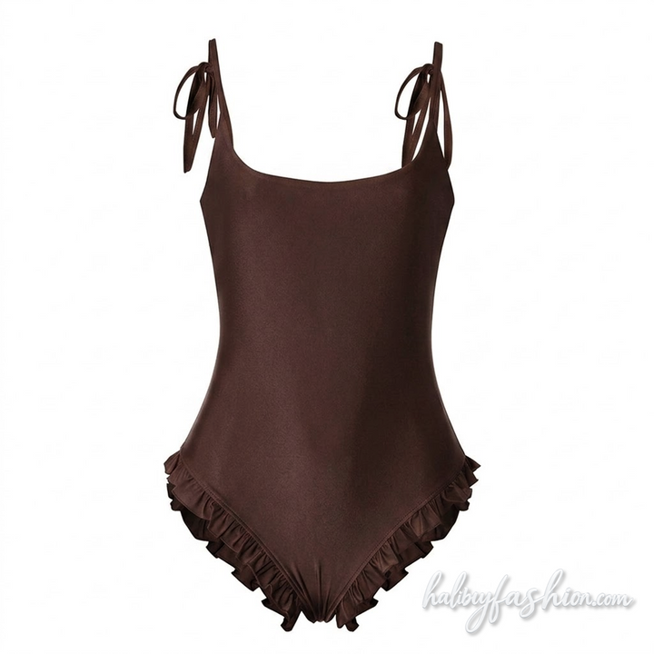 Ruffle u neck backless self tie cami bodysuit - Halibuy - 2
