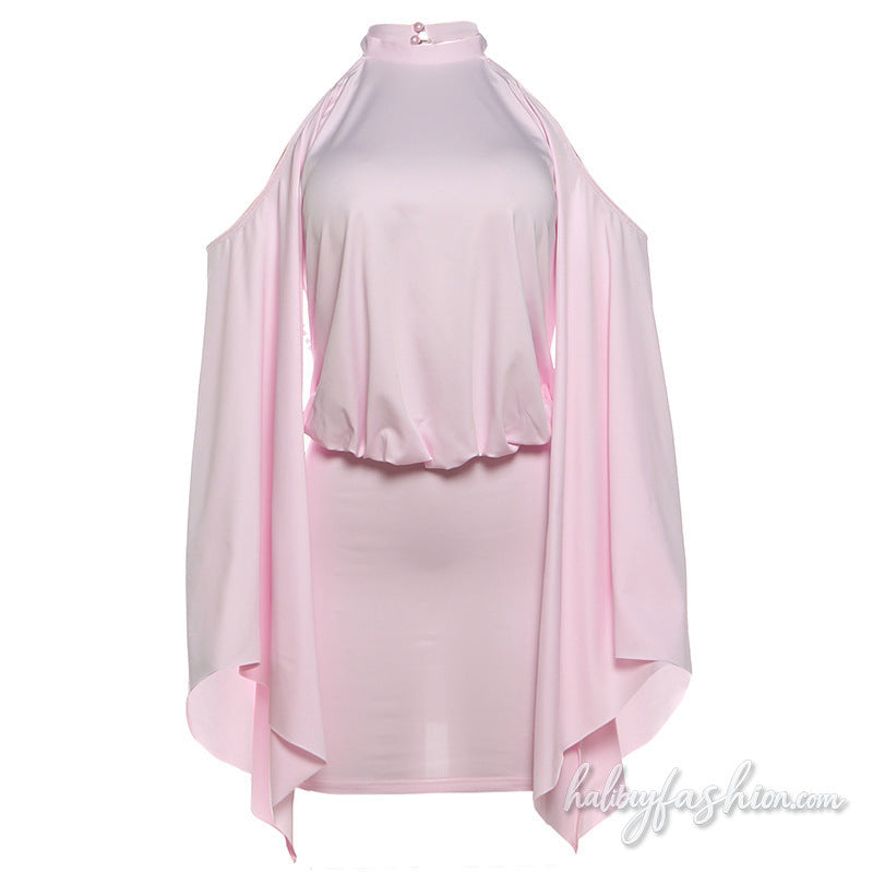 Long flared sleeve crewneck beaded backless mini dress