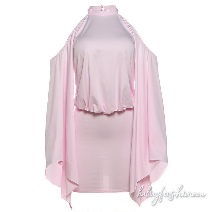 Long flared sleeve crewneck beaded backless mini dress