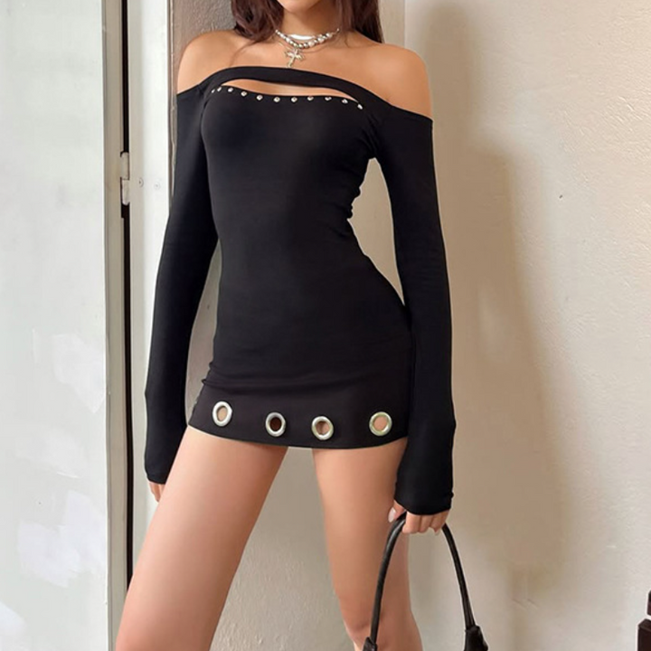 Off shoulder long sleeve hollow out cut out mini dress  | Festival Outfits Women