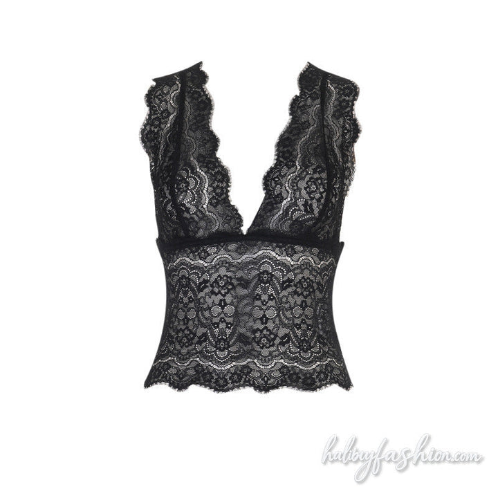 Lace v neck see through solid tank top