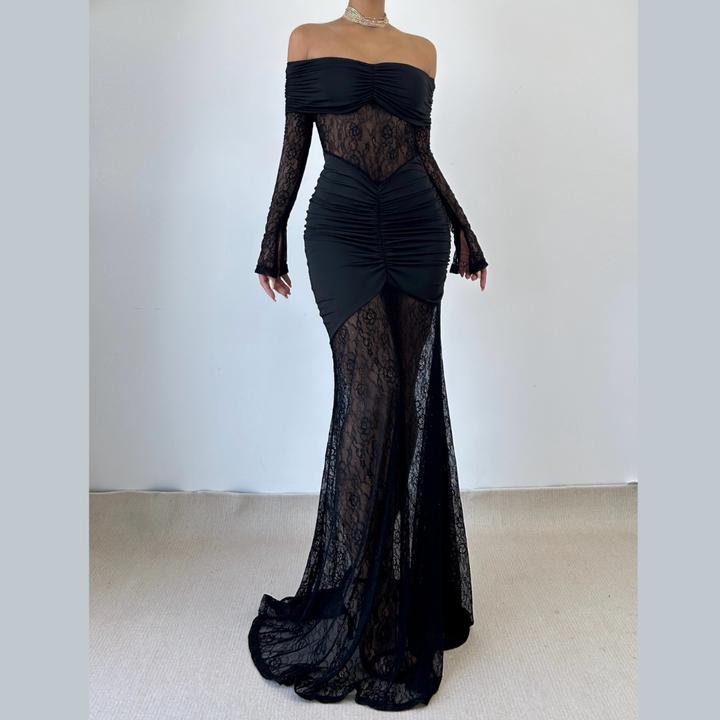 Ruched off shoulder long sleeve lace maxi dress  | Festival Outfits Women-final-sale