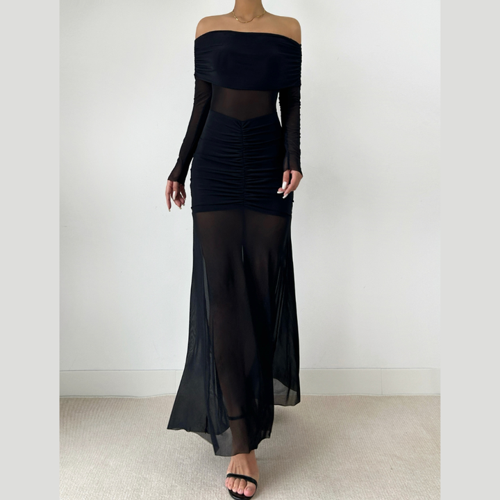 Off shoulder mesh patchwork long sleeve ruched maxi dress  | Festival Outfits Women