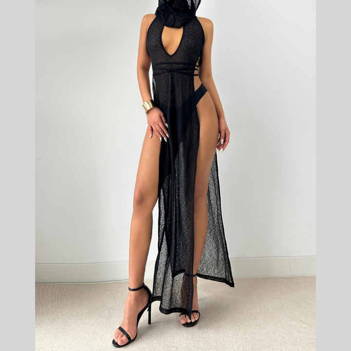 Sleeveless hoodie low cut slit self tie turtle neck see through maxi dress
