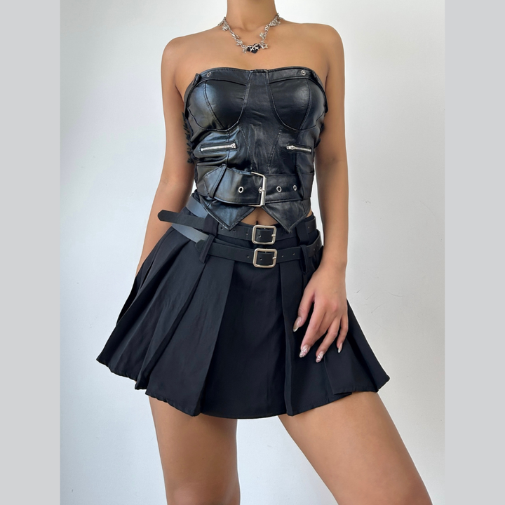 Zip-up PU leather pleated A line tube mini skirt set Cargo Mini Skirt  | Festival Outfits Women-final-sale