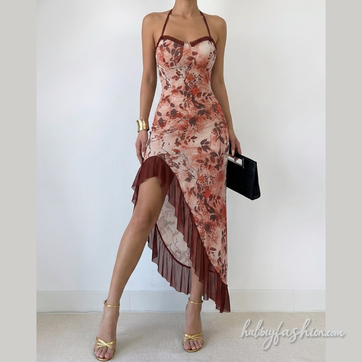 Irregular ruffle lace halter self tie maxi dress