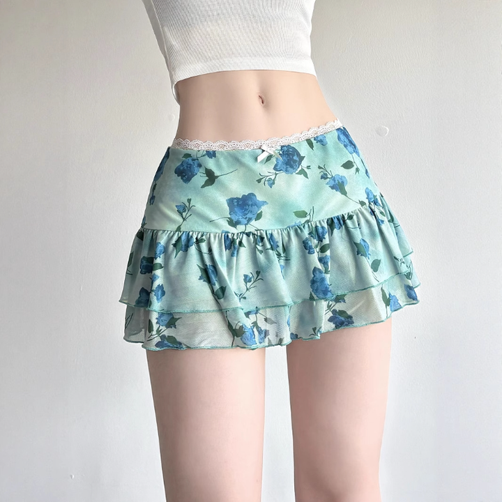 Flower print lace hem bowknot ruffle mini skirt  | Festival Outfits Women