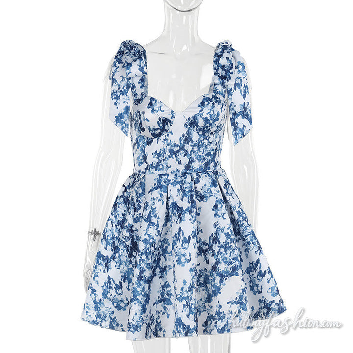 Print v neck smocked self tie cami mini dress