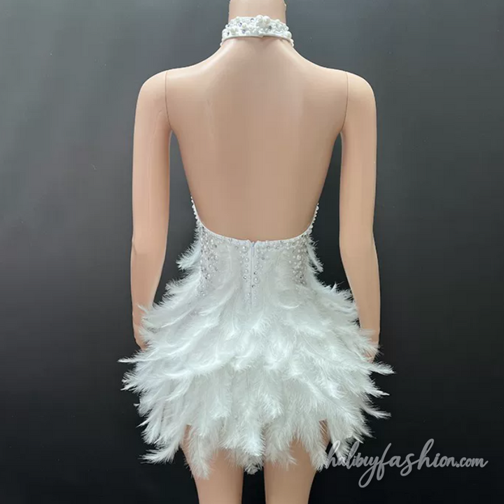Halter hollow out beaded feather mini dress