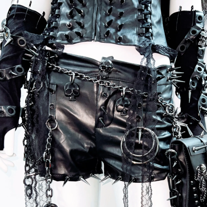 O ring zip-up rivet applique v neck PU leather top  | Festival Outfits Women