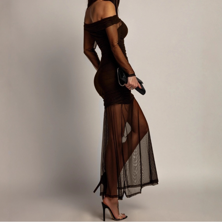 Off shoulder long sleeve ruched mesh maxi dress  | Festival Outfits Women