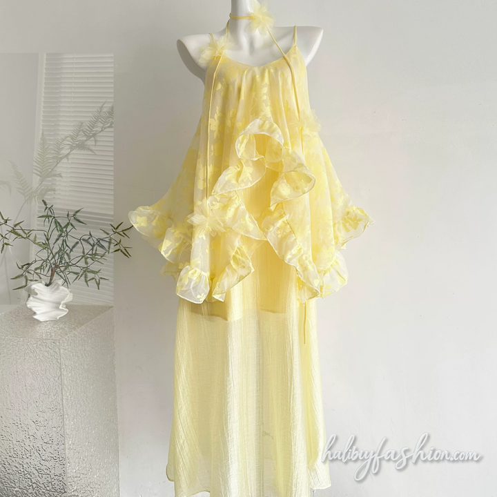 Ruffle mesh u neck backless cami maxi dress