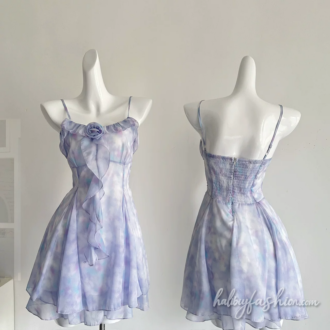 Ruffle flower applique long sleeve 2 piece cami mini dress - Halibuy - 3
