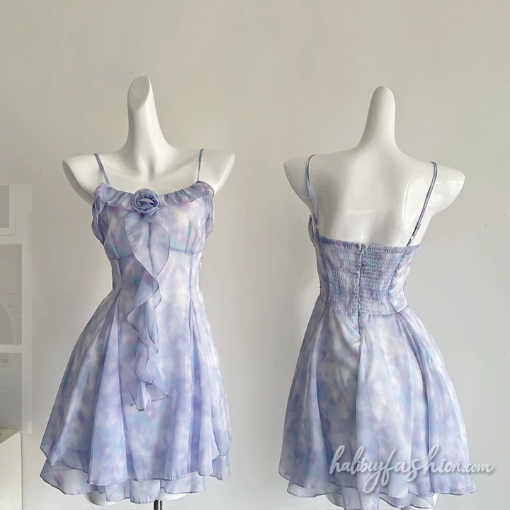 Ruffle flower applique long sleeve 2 piece cami mini dress - Halibuy - 3