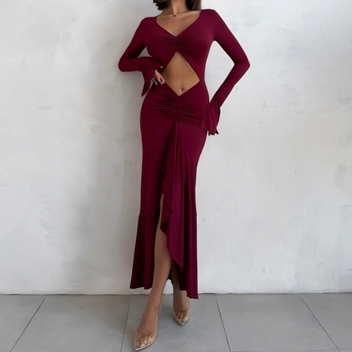 Long sleeve hollow out ruched v neck cut out maxi dress  | Festival Outfits Women-final-sale