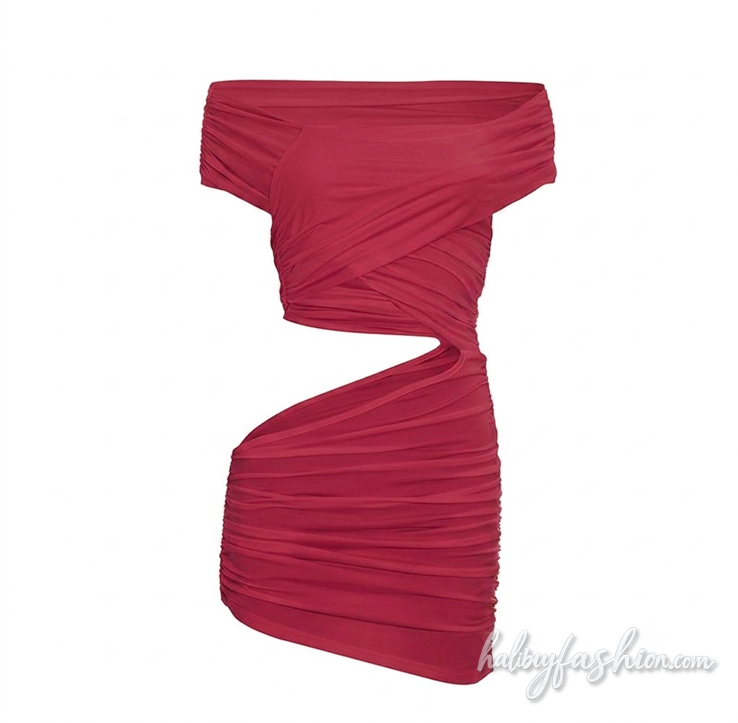 Hollow out irregular off shoulder ruched mini dress - Halibuy - 4