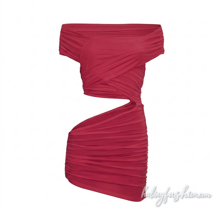 Hollow out irregular off shoulder ruched mini dress - Halibuy - 4
