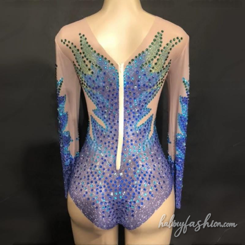 Long sleeve beaded crewneck contrast romper
