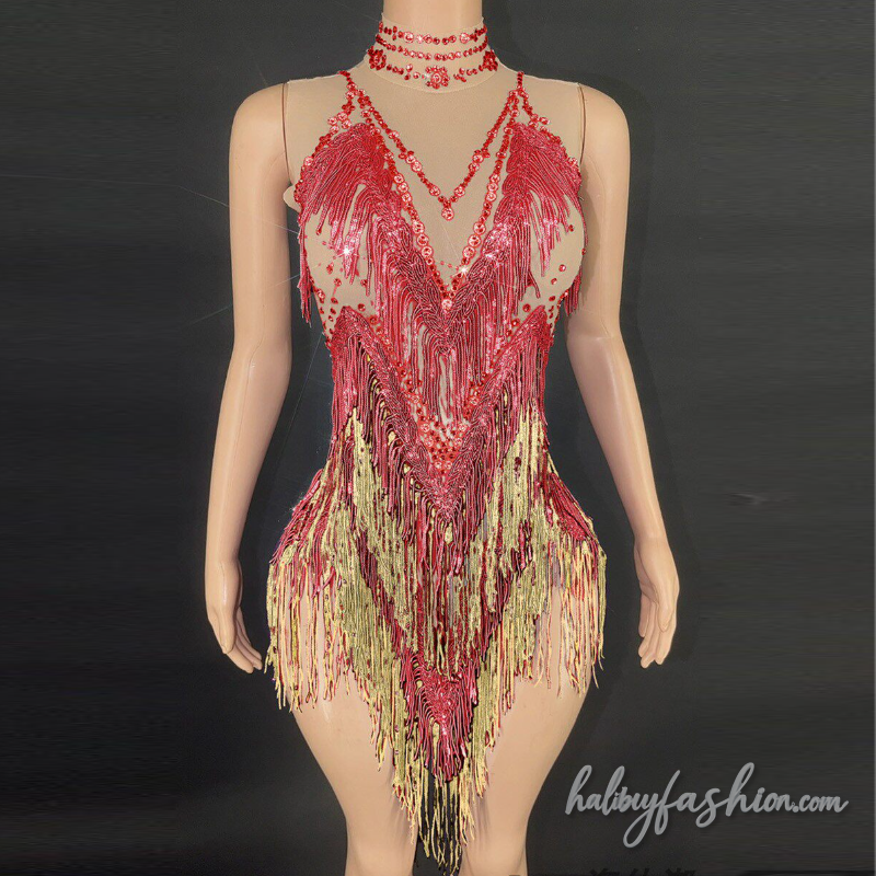 Tassels beaded high neck sleeveless romper