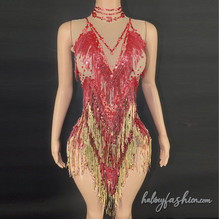 Tassels beaded high neck sleeveless romper