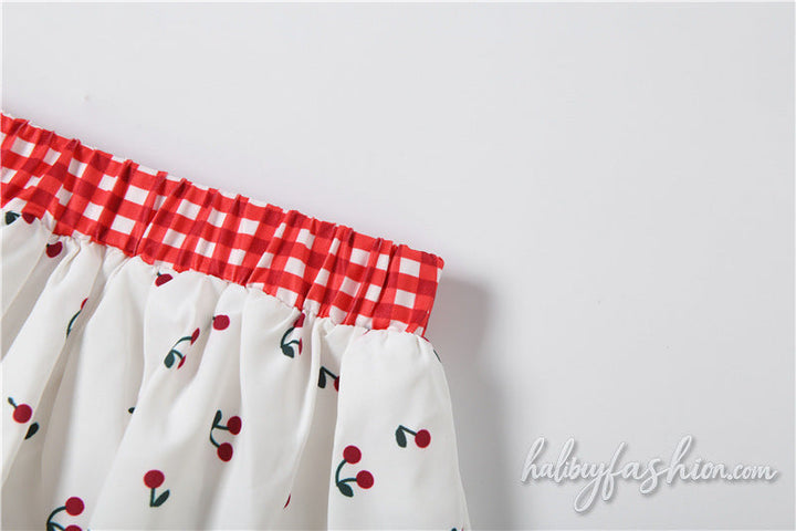 Plaid ruched cherry print A line mini skirt