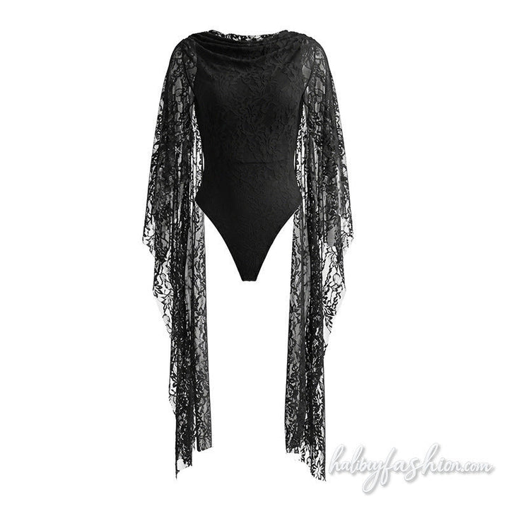 Lace crewneck button solid backless bodysuit