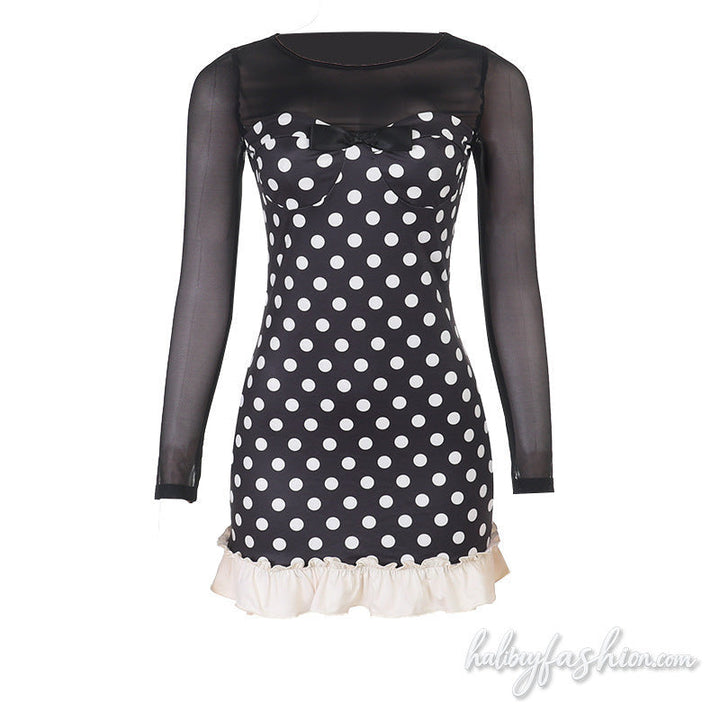 Long sleeve mesh polka dot crewneck ruffle mini dress - Halibuy