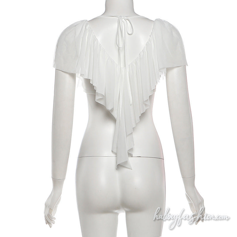 Ruched v neck mesh self tie solid top