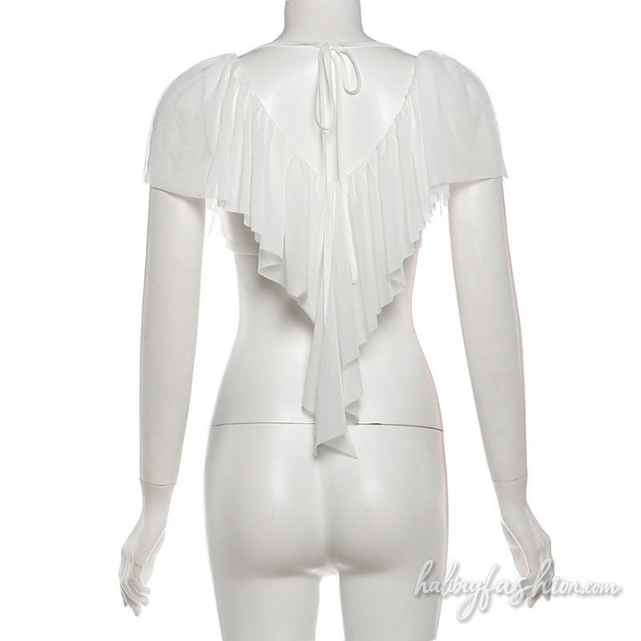 Ruched v neck mesh self tie solid top