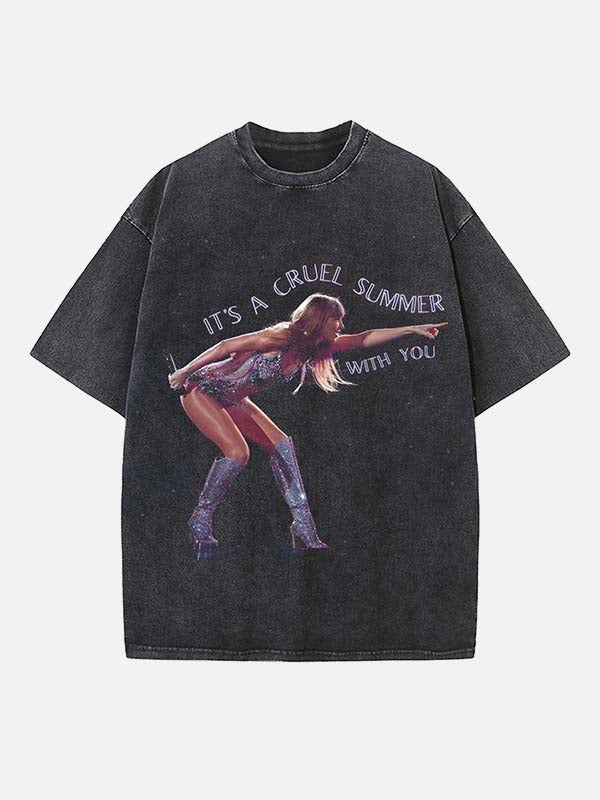 Folk Pop Songstress Print Round Neck T-shirt - Design 02