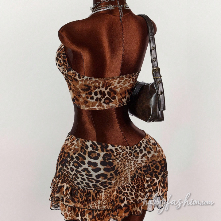 Leopard print ruffle tube mini skirt set