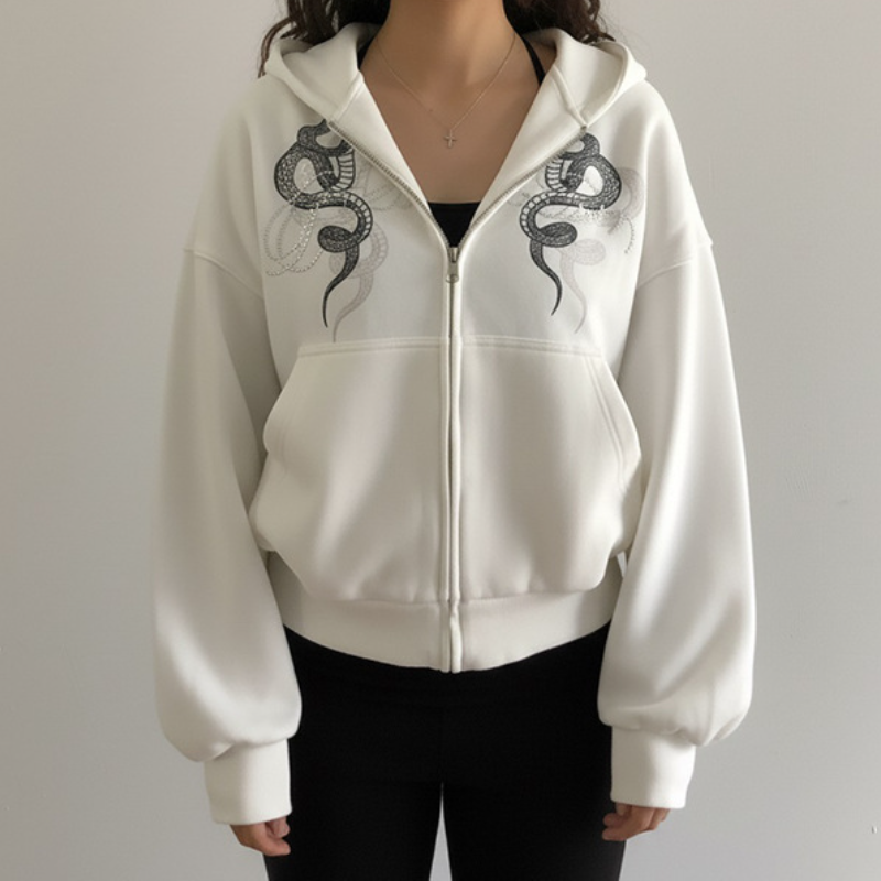 Hoodie long sleeve zip-up snake pattern top  | Festival Outfits Women