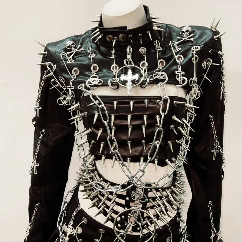 Long sleeve rivet PU leather o ring metal chain belt top  | Festival Outfits Women