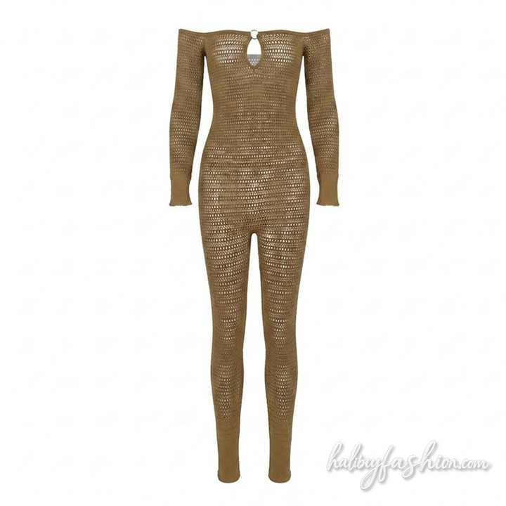 Off shoulder long sleeve hollow out o ring jumpsuit