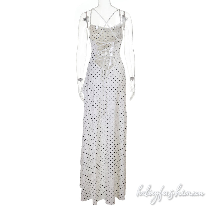 Polka dot irregular cross back self tie maxi dress