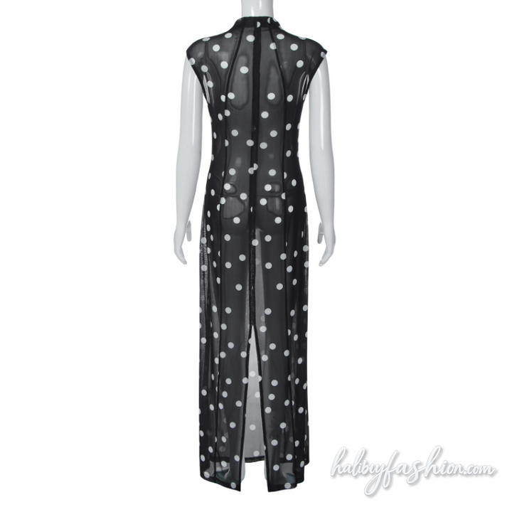 Polka dot slit sheer mesh crewneck mini dress - Halibuy - 4