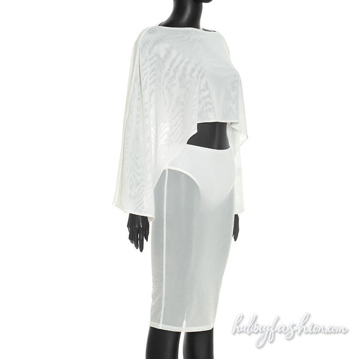 Long sleeve crewneck mesh solid mini skirt set