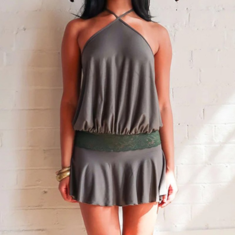 Halter self tie lace patchwork solid mini dress  | Festival Outfits Women