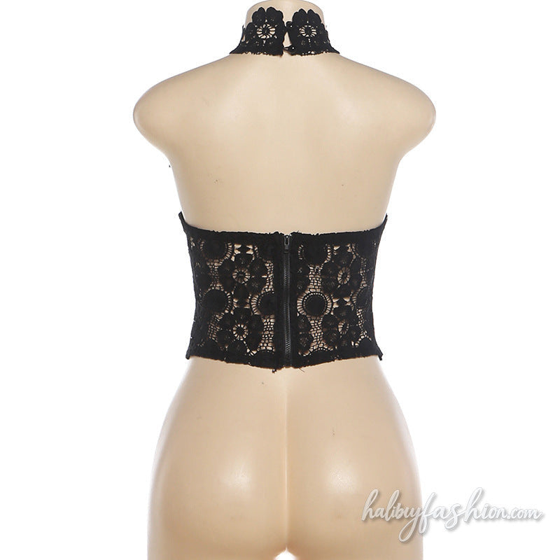 Hollow out halter zip-up backless lace top - Halibuy - 4