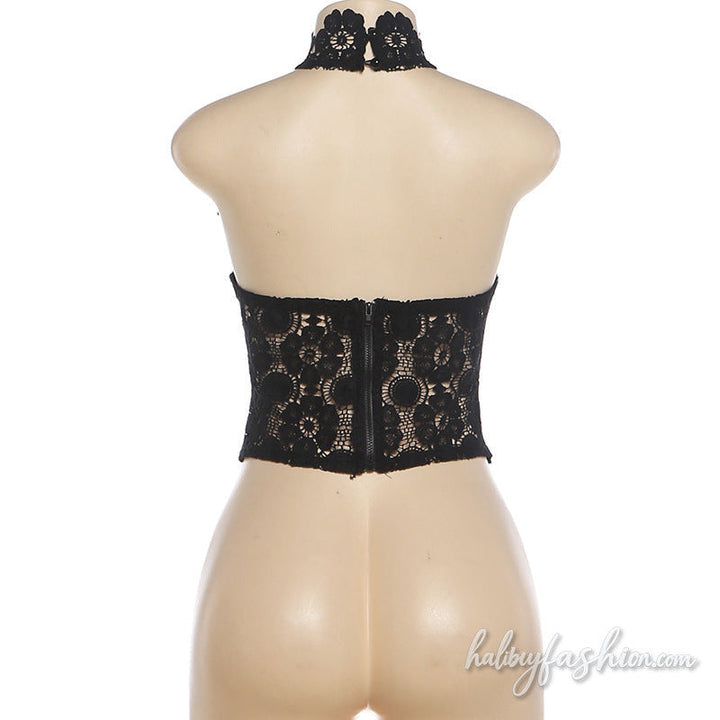 Hollow out halter zip-up backless lace top - Halibuy - 4