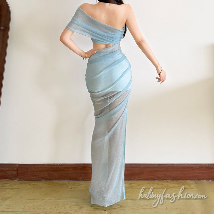 Hollow out ruched irregular slit mesh maxi dress