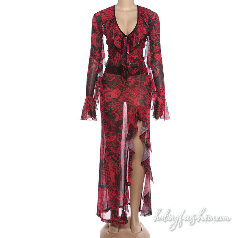 Long flared sleeve v neck self tie print slit maxi skirt set