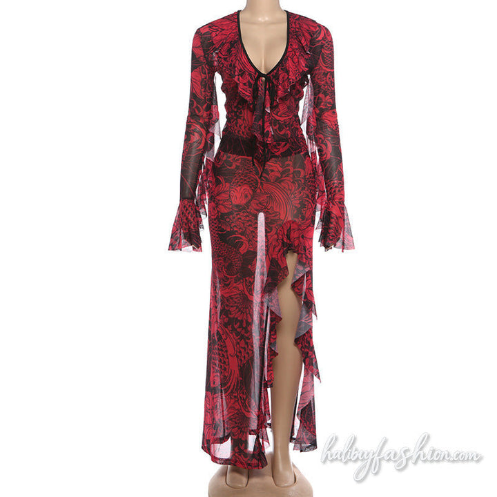 Long flared sleeve v neck self tie print slit maxi skirt set