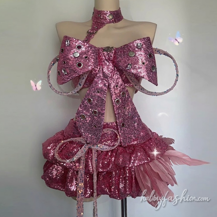 Bowknot glitter hollow out feather mini skirt set - Halibuy