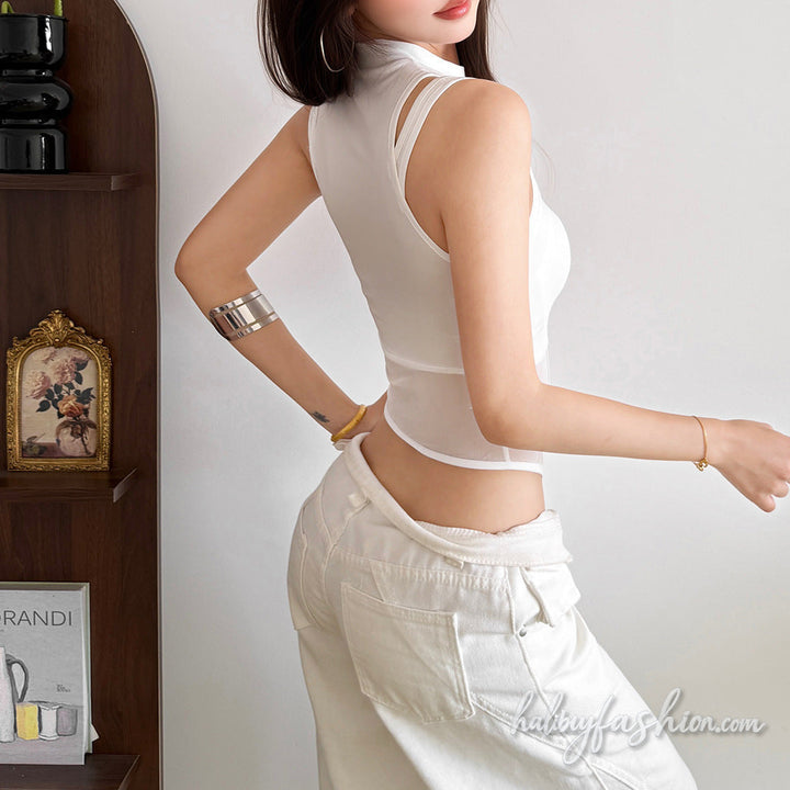 Crewneck hollow out mesh patchwork solid top