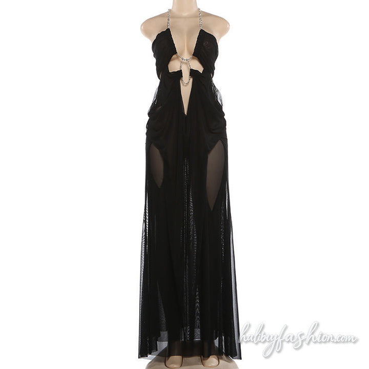 Halter hollow out mesh ruched solid maxi dress