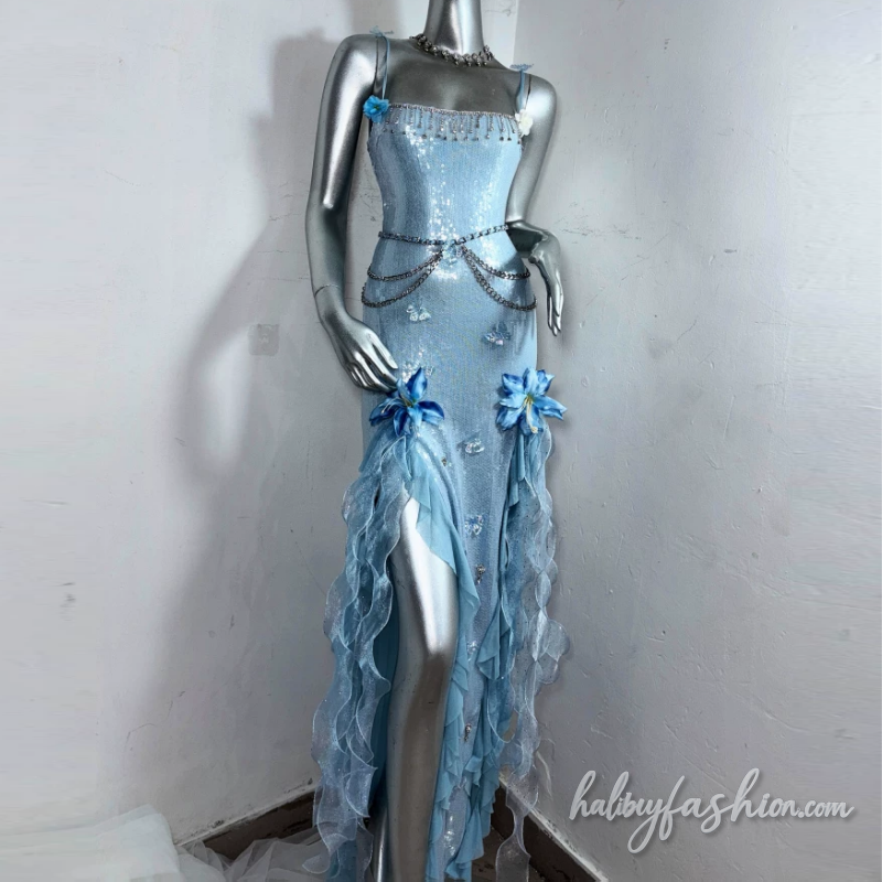 Glitter square neck flower applique slit cami maxi dress - Halibuy - 2