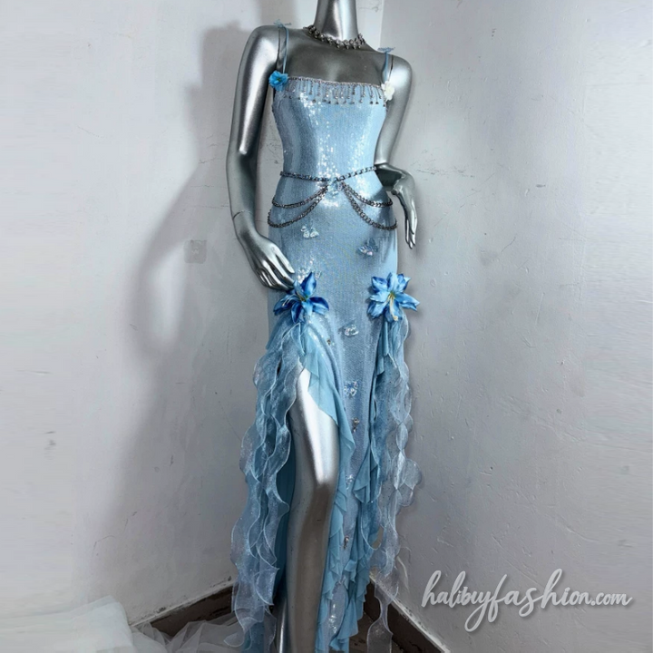 Glitter square neck flower applique slit cami maxi dress - Halibuy - 2