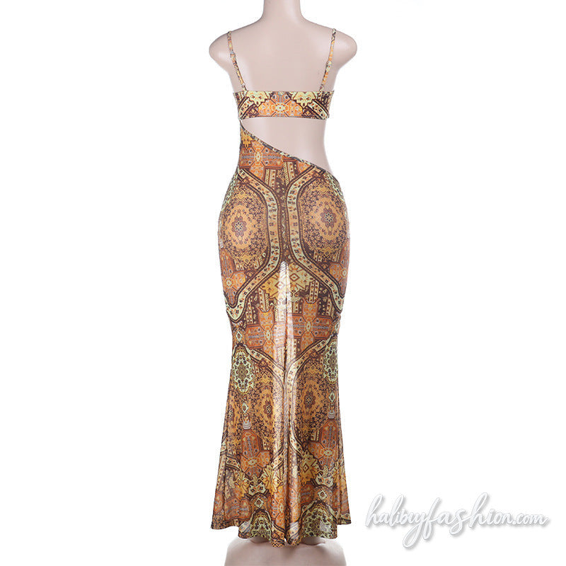 Irregular hollow out print v neck cami maxi dress