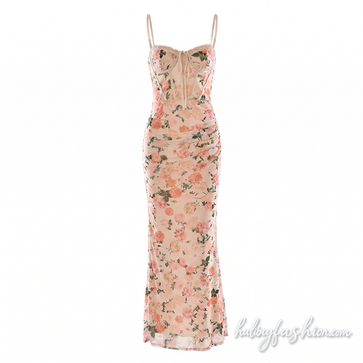 Ruched flower print lace hem mesh cami maxi dress